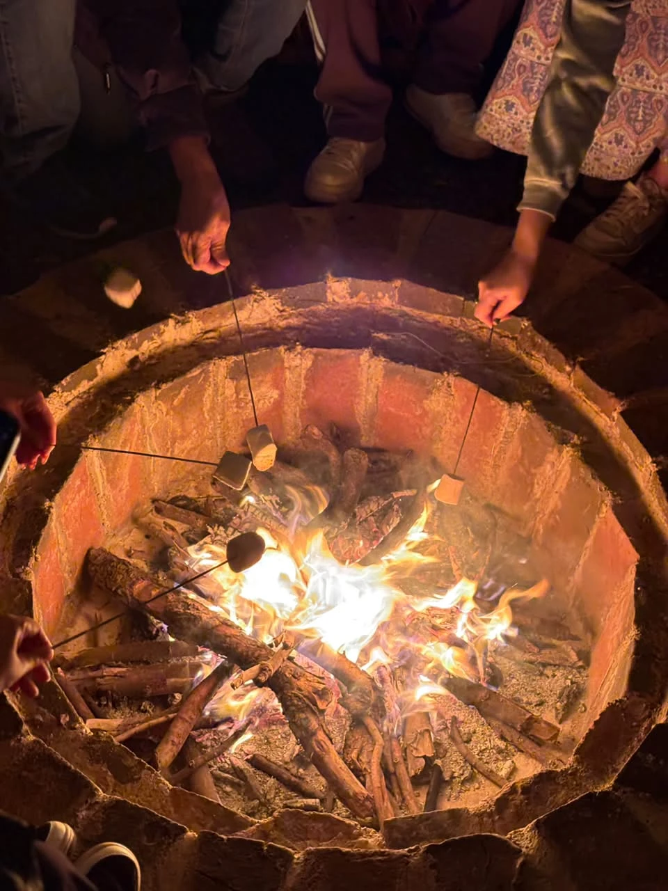 Bombones asándose en la fogata durante la noche